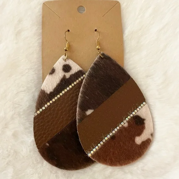 Hair On Hide Faux Leather Jeweled Teardrop Dangle Drop Earrings - Picture 2 of 10